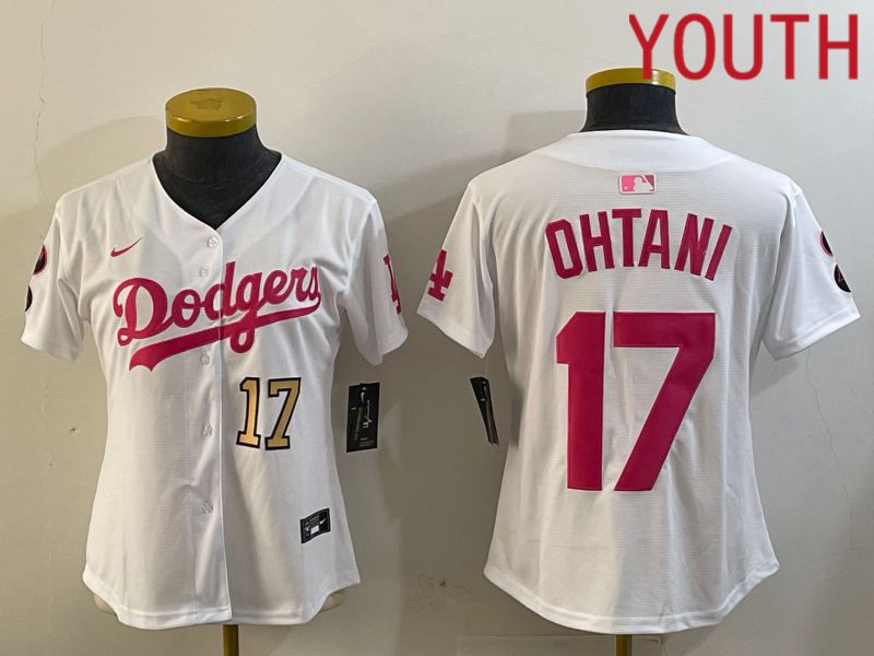 Youth Los Angeles Dodgers #17 Ohtani White pink Game 2024 Nike MLB Jersey style 2